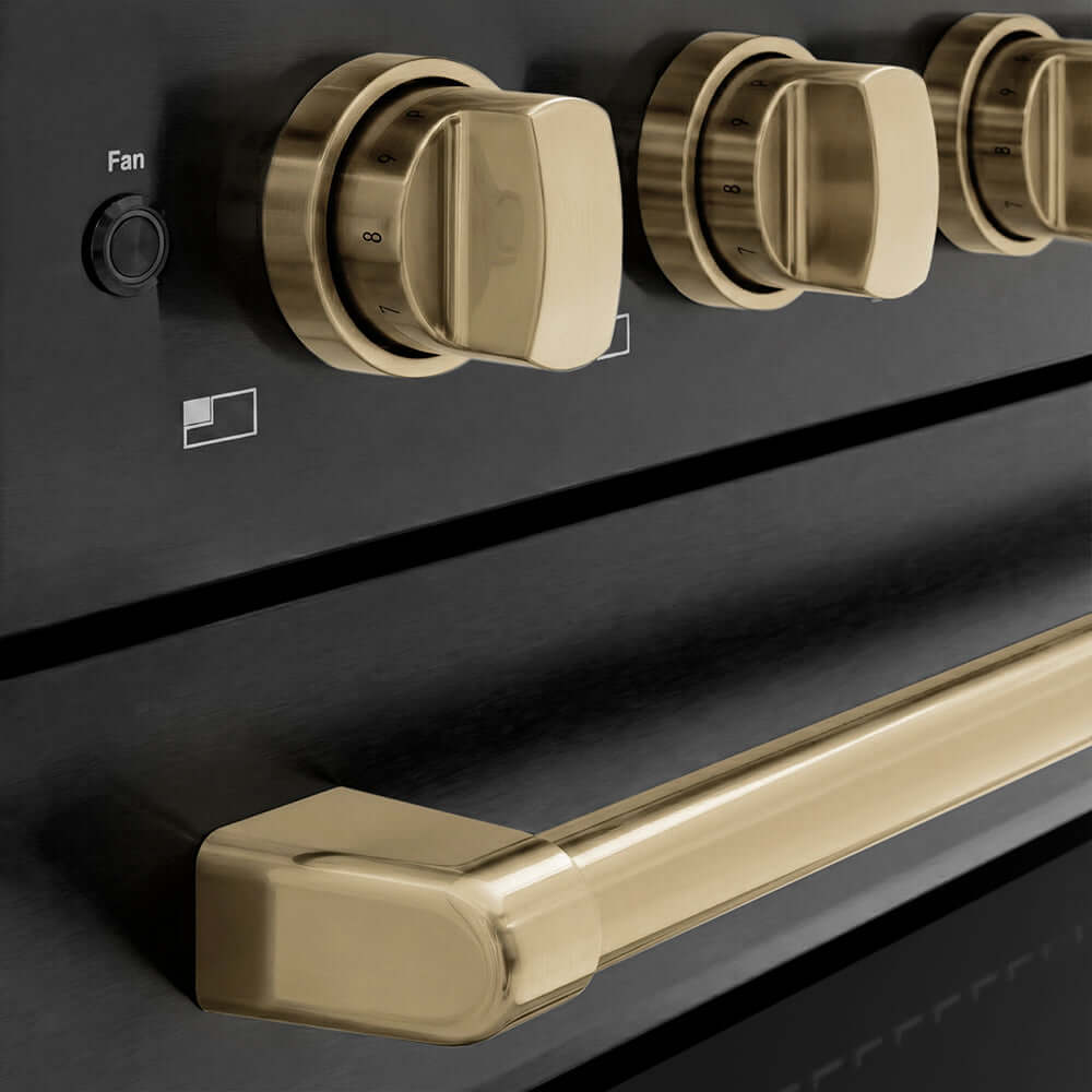 ZLINE Autograph Edition 36 in. 5.2 cu. ft. Paramount Induction Range with 5 Element Cooktop and Electric Convection Oven in Black Stainless Steel with Champagne Bronze Accents (SINRBZ-36-CB) close-up of oven and cooktop knob controls.