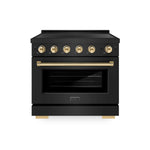ZLINE Autograph Edition 36 in. 5.2 cu. ft. Paramount Induction Range with 5 Element Cooktop and Electric Convection Oven in Black Stainless Steel with Polished Gold Accents (SINRBZ-36-G) main image.
