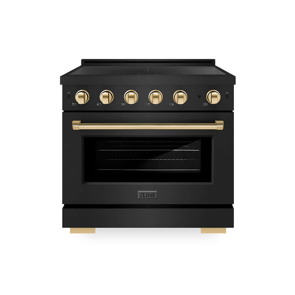 ZLINE Autograph Edition 36 in. 5.2 cu. ft. Paramount Induction Range with 5 Element Cooktop and Electric Convection Oven in Black Stainless Steel with Polished Gold Accents (SINRBZ-36-G) main image.