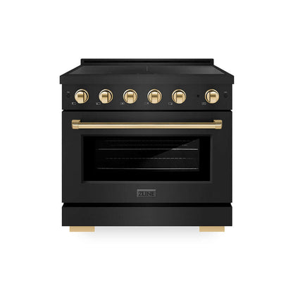 ZLINE Autograph Edition 36 in. 5.2 cu. ft. Paramount Induction Range with 5 Element Cooktop and Electric Convection Oven in Black Stainless Steel with Polished Gold Accents (SINRBZ-36-G) main image.