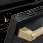 ZLINE Autograph Edition 36 in. 5.2 cu. ft. Paramount Induction Range with 5 Element Cooktop and Electric Convection Oven in Black Stainless Steel with Champagne Bronze Helix Handle and Knob Accents (SINRBZ-36-KCB) oven door slightly open showing handle detail.