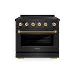 ZLINE Autograph Edition 36 in. 5.2 cu. ft. Paramount Induction Range with 5 Element Cooktop and Electric Convection Oven in Black Stainless Steel with Champagne Bronze Helix Handle and Knob Accents (SINRBZ-36-KCB) main image.