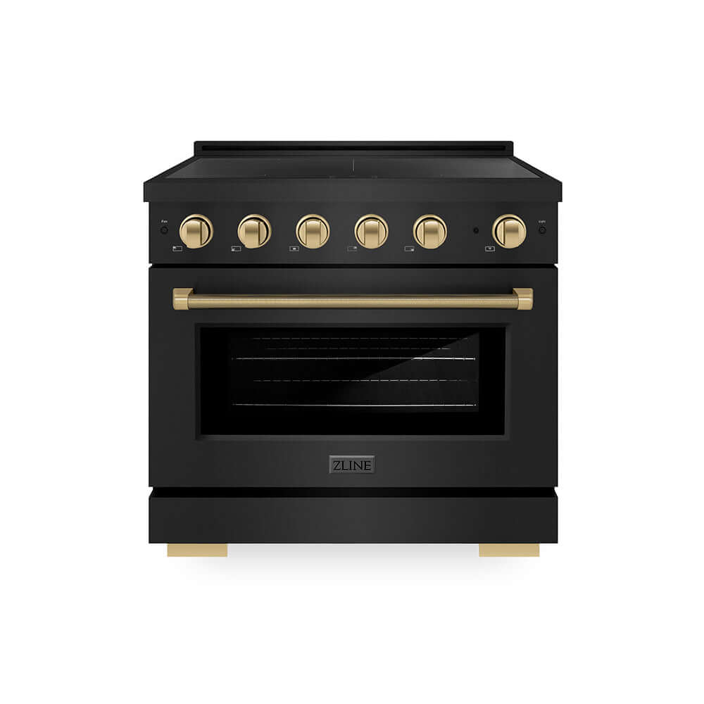 ZLINE Autograph Edition 36 in. 5.2 cu. ft. Paramount Induction Range with 5 Element Cooktop and Electric Convection Oven in Black Stainless Steel with Champagne Bronze Helix Handle and Knob Accents (SINRBZ-36-KCB) main image.