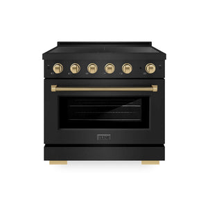 ZLINE Autograph Edition 36 in. 5.2 cu. ft. Paramount Induction Range with 5 Element Cooktop and Electric Convection Oven in Black Stainless Steel with Champagne Bronze Helix Handle and Knob Accents (SINRBZ-36-KCB) main image.