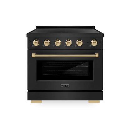 ZLINE Autograph Edition 36 in. 5.2 cu. ft. Paramount Induction Range with 5 Element Cooktop and Electric Convection Oven in Black Stainless Steel with Champagne Bronze Helix Handle and Knob Accents (SINRBZ-36-KCB) main image.