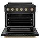 ZLINE Autograph Edition 36 in. 5.2 cu. ft. Paramount Induction Range with 5 Element Cooktop and Electric Convection Oven in Black Stainless Steel with Polished Gold Helix Handle and Knob Accents (SINRBZ-36-KG) front, oven open.