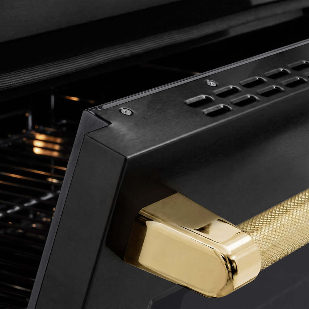 ZLINE Autograph Edition 36 in. 5.2 cu. ft. Paramount Induction Range with 5 Element Cooktop and Electric Convection Oven in Black Stainless Steel with Polished Gold Helix Handle and Knob Accents (SINRBZ-36-KG) oven door slightly open showing handle detail.