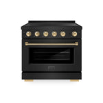 ZLINE Autograph Edition 36 in. 5.2 cu. ft. Paramount Induction Range with 5 Element Cooktop and Electric Convection Oven in Black Stainless Steel with Polished Gold Helix Handle and Knob Accents (SINRBZ-36-KG) main image.