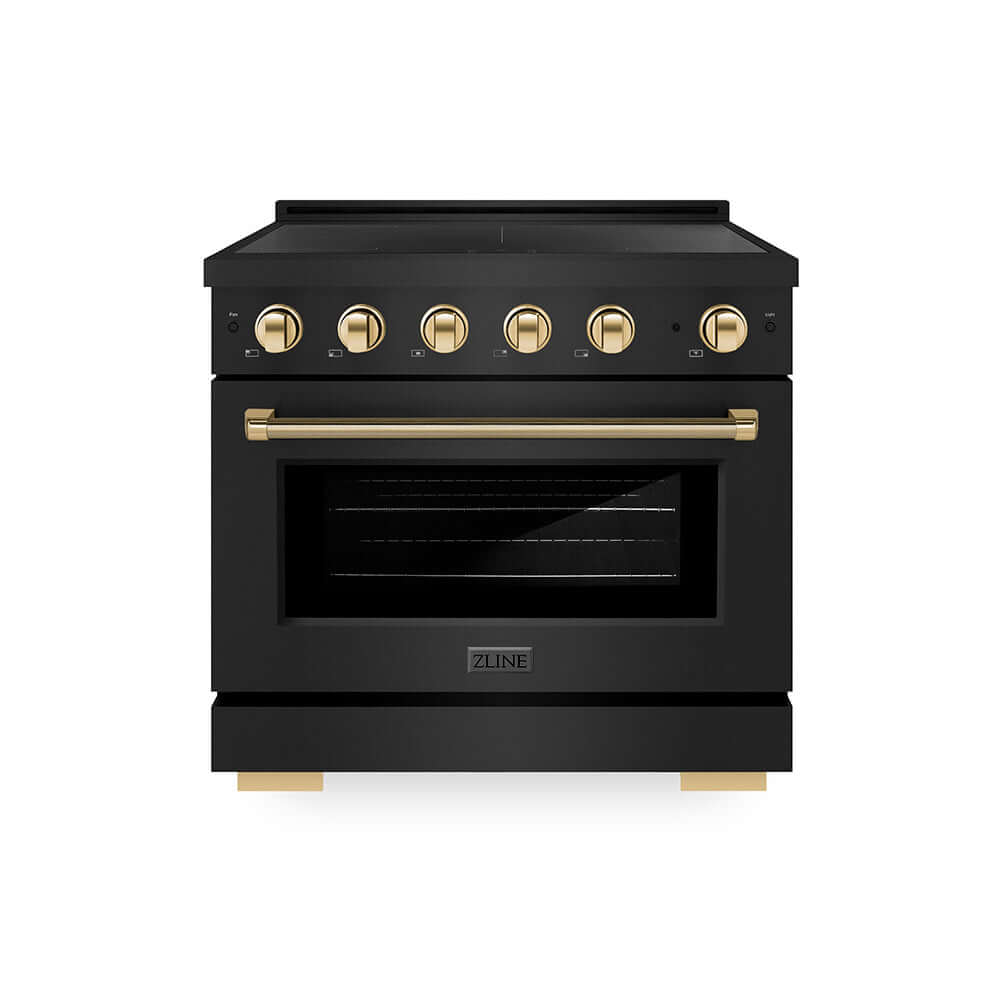 ZLINE Autograph Edition 36 in. 5.2 cu. ft. Paramount Induction Range with 5 Element Cooktop and Electric Convection Oven in Black Stainless Steel with Polished Gold Helix Handle and Knob Accents (SINRBZ-36-KG) main image.