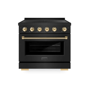 ZLINE Autograph Edition 36 in. 5.2 cu. ft. Paramount Induction Range with 5 Element Cooktop and Electric Convection Oven in Black Stainless Steel with Polished Gold Helix Handle and Knob Accents (SINRBZ-36-KG) main image.