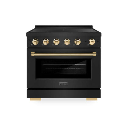 ZLINE Autograph Edition 36 in. 5.2 cu. ft. Paramount Induction Range with 5 Element Cooktop and Electric Convection Oven in Black Stainless Steel with Polished Gold Helix Handle and Knob Accents (SINRBZ-36-KG) main image.