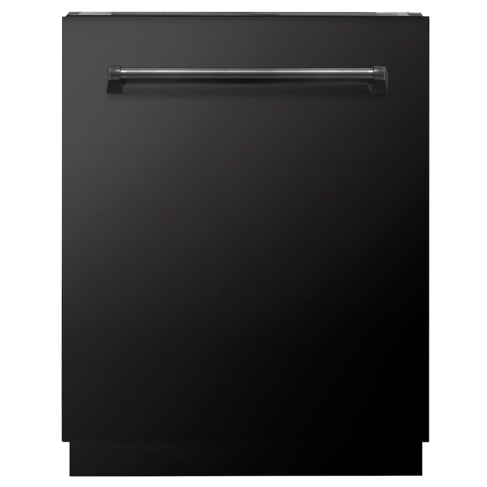 ZLINE Kitchen Package with Black Stainless Steel Refrigeration, 36 in. Dual Fuel Range, 36 in. Range Hood, Microwave Drawer, and 24 in. Tall Tub Dishwasher (5KPR-RABRH36-MWDWV)