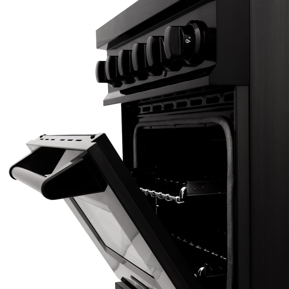 ZLINE 24 in. 2.8 cu. ft. Legacy Dual Fuel Range with 4 Burner Gas Cooktop and Electric Convection Oven in Black Stainless Steel, Open Box-Good Condition