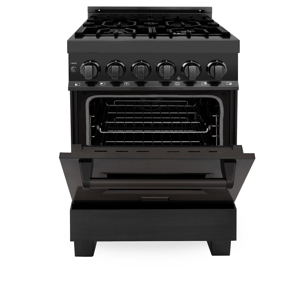 ZLINE 24 in. 2.8 cu. ft. Legacy Dual Fuel Range with 4 Burner Gas Cooktop and Electric Convection Oven in Black Stainless Steel, Open Box-Good Condition