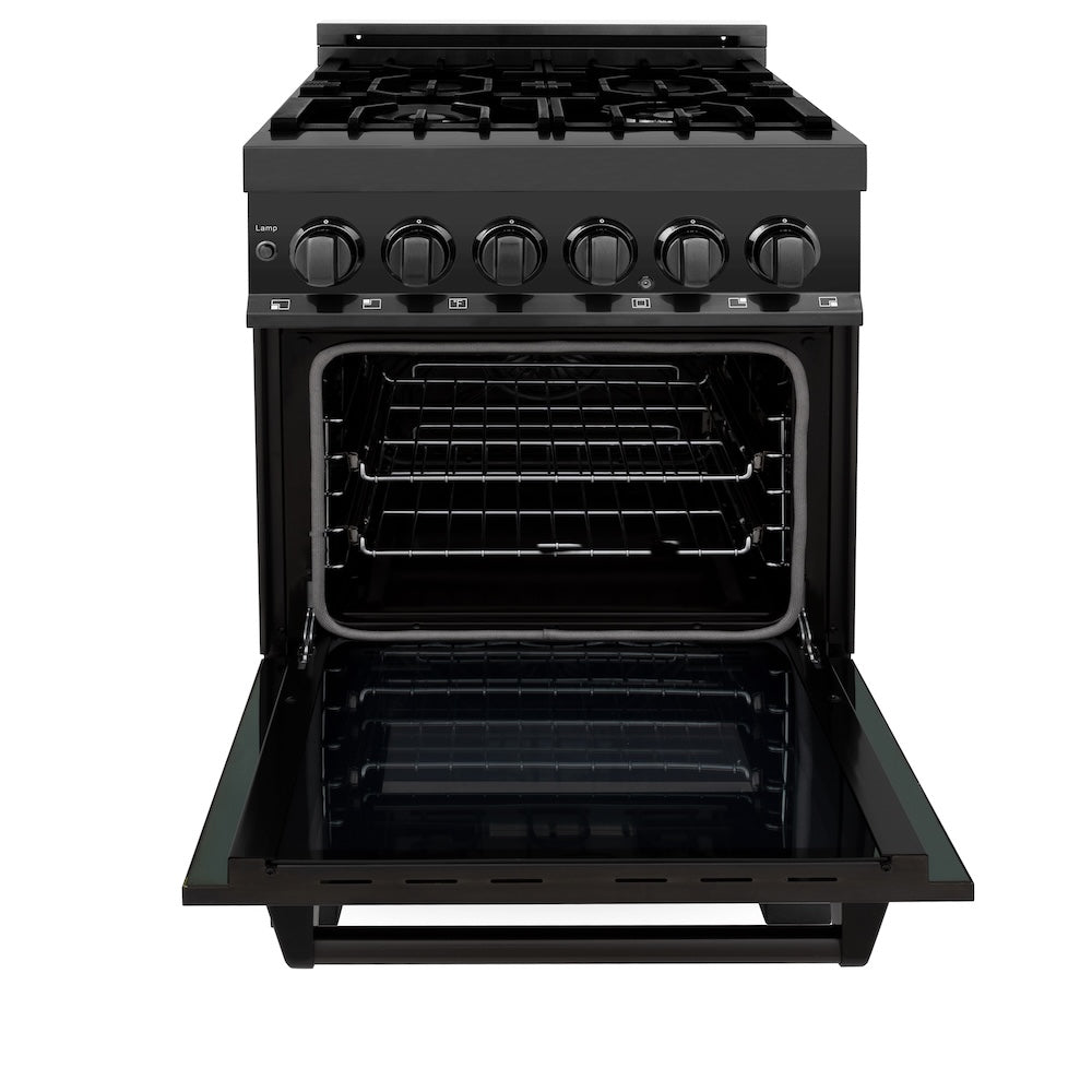 ZLINE 24 in. 2.8 cu. ft. Legacy Dual Fuel Range with 4 Burner Gas Cooktop and Electric Convection Oven in Black Stainless Steel, Open Box-Good Condition