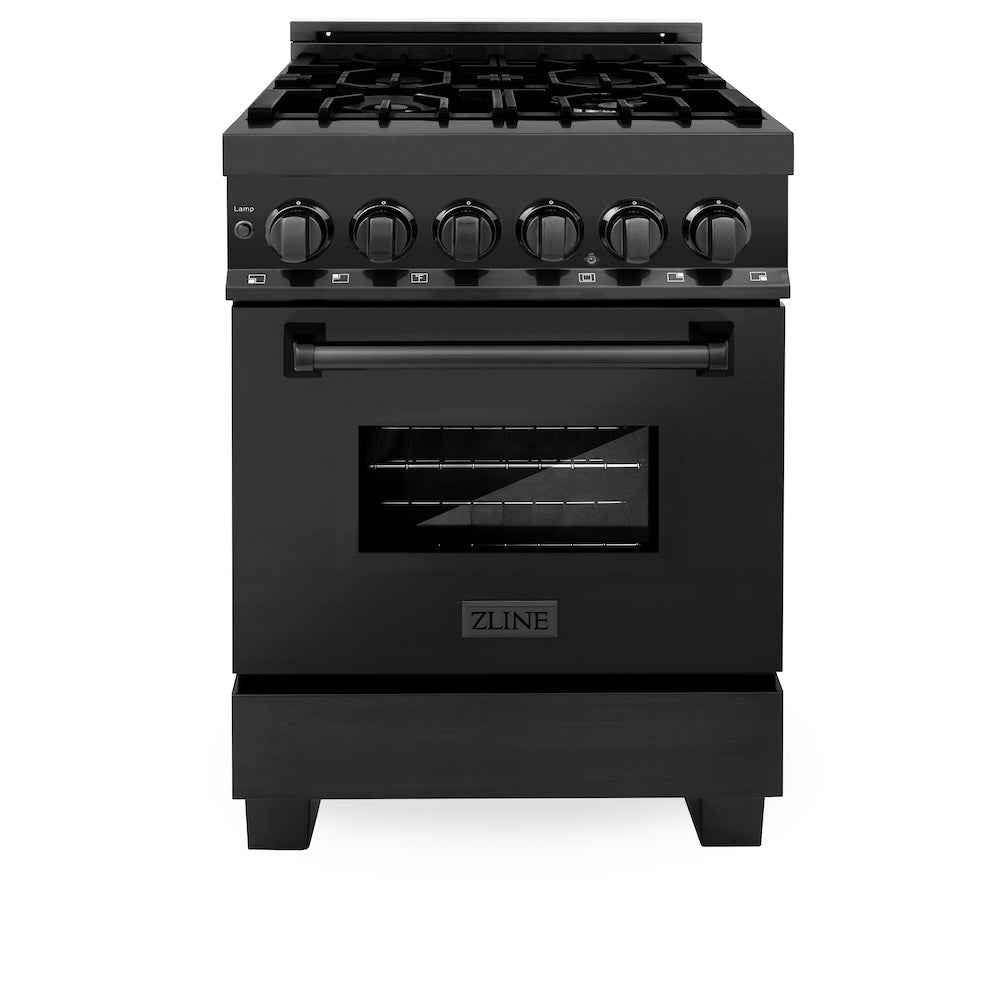 ZLINE 24 in. 2.8 cu. ft. Legacy Dual Fuel Range with 4 Burner Gas Cooktop and Electric Convection Oven in Black Stainless Steel, Open Box-Good Condition