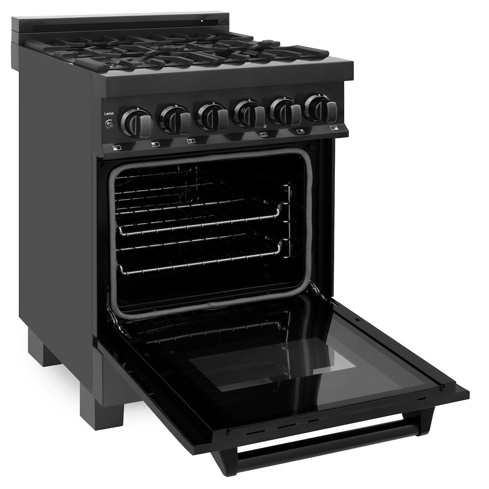 ZLINE 24 in. 2.8 cu. ft. Legacy Dual Fuel Range with 4 Burner Gas Cooktop and Electric Convection Oven in Black Stainless Steel, Open Box-Good Condition