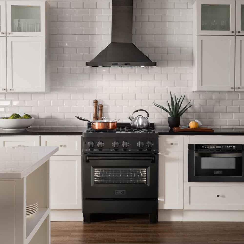 ZLINE 30 in. 4.0 cu. ft. Legacy Dual Fuel Range with 4 Burner Gas Cooktop and Electric Convection Oven in Black Stainless Steel, Open Box-Good Condition
