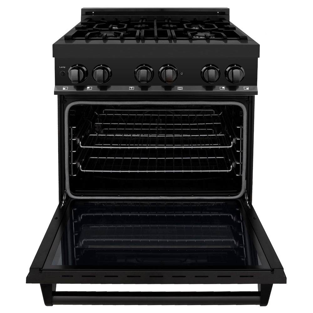ZLINE 30 in. 4.0 cu. ft. Legacy Dual Fuel Range with 4 Burner Gas Cooktop and Electric Convection Oven in Black Stainless Steel, Open Box-Good Condition