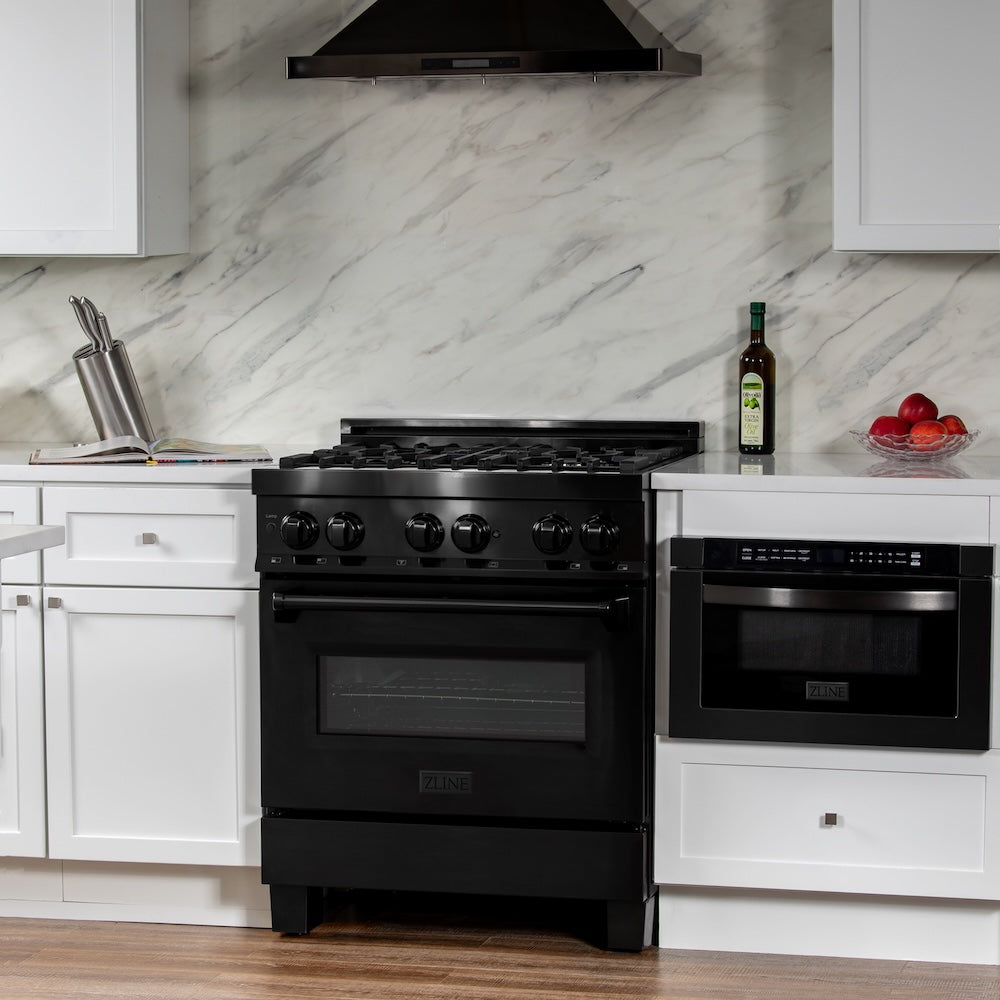ZLINE 30 in. 4.0 cu. ft. Legacy Dual Fuel Range with 4 Burner Gas Cooktop and Electric Convection Oven in Black Stainless Steel, Open Box-Good Condition