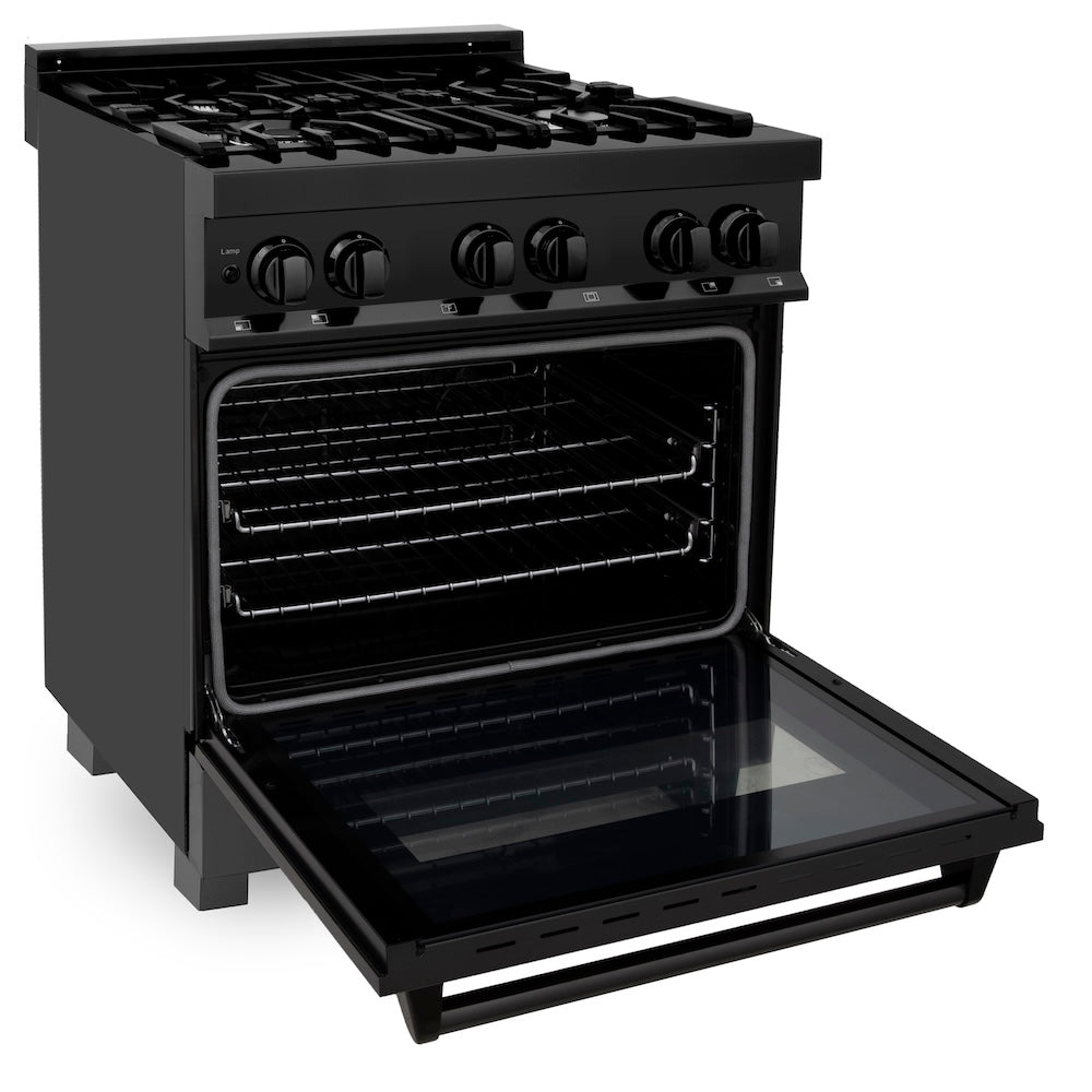 ZLINE 30 in. 4.0 cu. ft. Legacy Dual Fuel Range with 4 Burner Gas Cooktop and Electric Convection Oven in Black Stainless Steel, Open Box-Good Condition