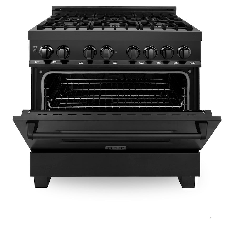 ZLINE 36 in. 4.6 cu. ft. Legacy Dual Fuel Range with 6 Burner Gas Cooktop and Electric Convection Oven in Black Stainless Steel, Open Box-Good Condition