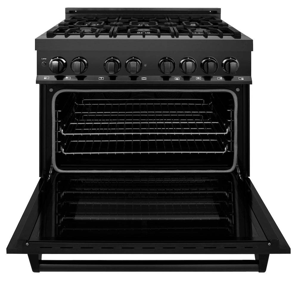 ZLINE 36 in. 4.6 cu. ft. Legacy Dual Fuel Range with 6 Burner Gas Cooktop and Electric Convection Oven in Black Stainless Steel, Open Box-Good Condition