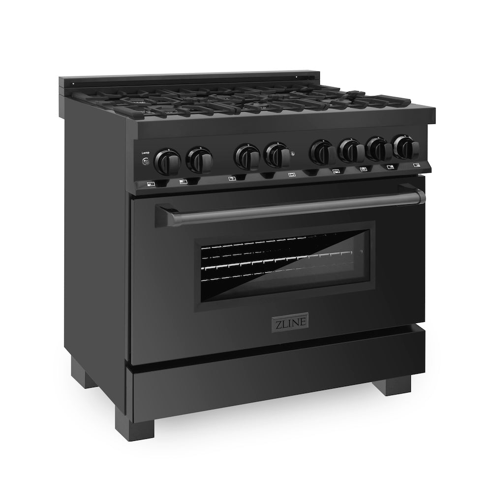 ZLINE 36 in. 4.6 cu. ft. Legacy Dual Fuel Range with 6 Burner Gas Cooktop and Electric Convection Oven in Black Stainless Steel, Open Box-Good Condition