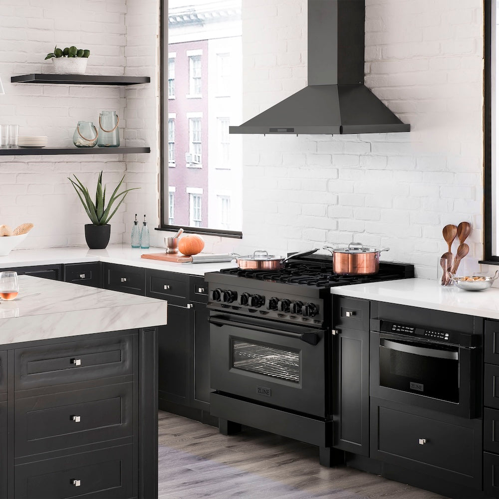 ZLINE 36 in. 4.6 cu. ft. Legacy Dual Fuel Range with 6 Burner Gas Cooktop and Electric Convection Oven in Black Stainless Steel, Open Box-Good Condition