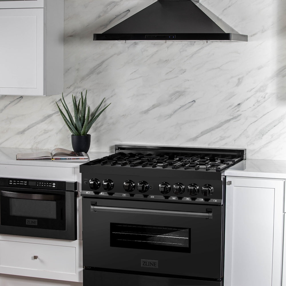 ZLINE 36 in. 4.6 cu. ft. Legacy Dual Fuel Range with 6 Burner Gas Cooktop and Electric Convection Oven in Black Stainless Steel, Open Box-Good Condition