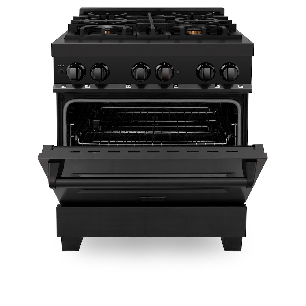 ZLINE 30 in. 4.0 cu. ft. Legacy Dual Fuel Range with Gas Cooktop and Electric Convection Oven in Black Stainless Steel with 4 Brass Burners, Open Box-Good Condition
