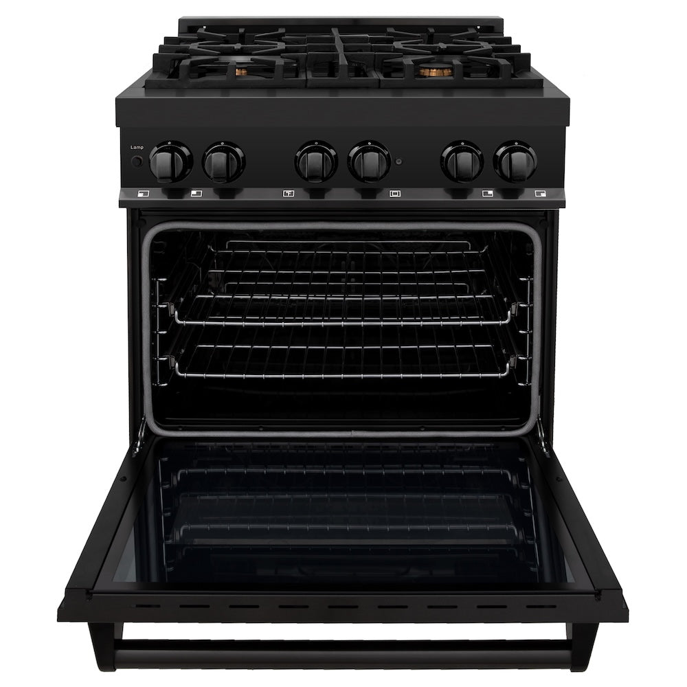 ZLINE 30 in. 4.0 cu. ft. Legacy Dual Fuel Range with Gas Cooktop and Electric Convection Oven in Black Stainless Steel with 4 Brass Burners, Open Box-Good Condition