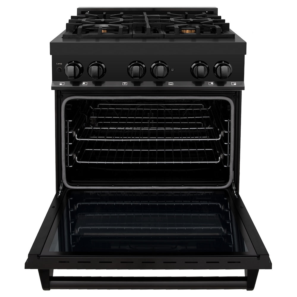 ZLINE Kitchen Package with Black Stainless Steel Refrigeration, 30 in. Dual Fuel Range and 30 in. Traditional Over the Range Microwave (3KPR-RABOTRH30)