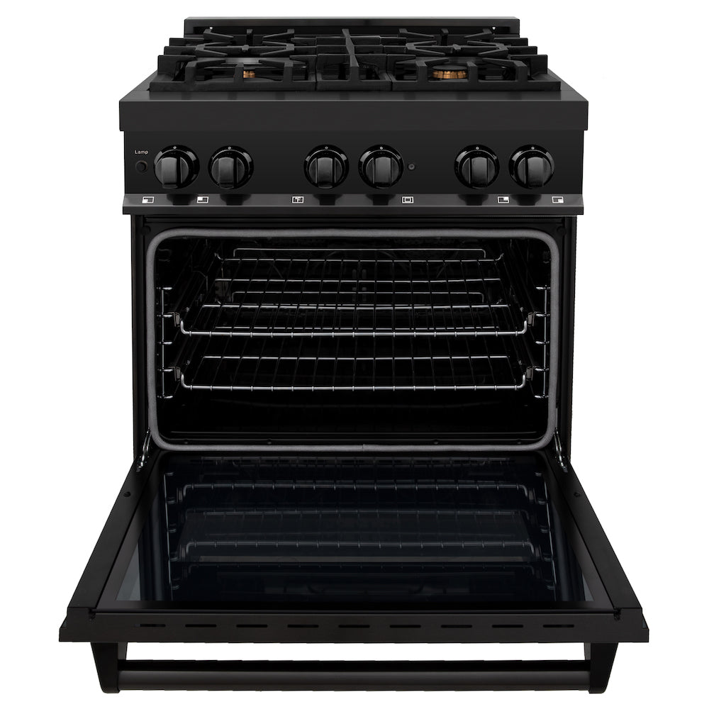 ZLINE 30" Black Stainless Steel Dual Fuel Range with brass burners, front with oven door fully open.