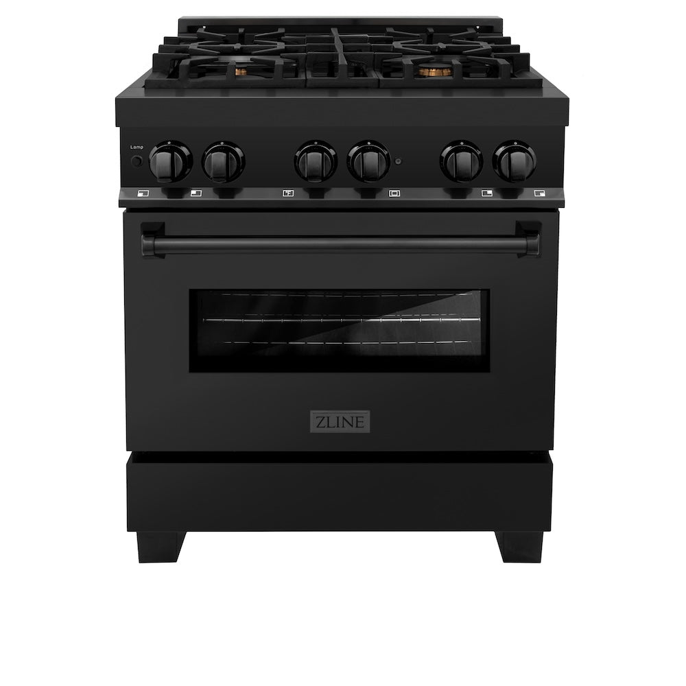 ZLINE Kitchen Package with Black Stainless Steel Refrigeration, 30 in. Dual Fuel Range, 30 in. Range Hood, Microwave Drawer, and 24 in. Tall Tub Dishwasher (5KPR-RABRH-MWDWV)