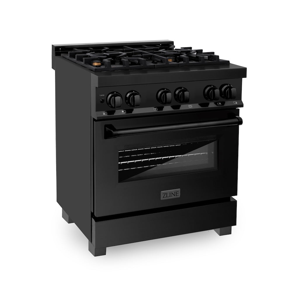 ZLINE 30 in. 4.0 cu. ft. Legacy Dual Fuel Range with Gas Cooktop and Electric Convection Oven in Black Stainless Steel with 4 Brass Burners, Open Box-Great Condition main image.