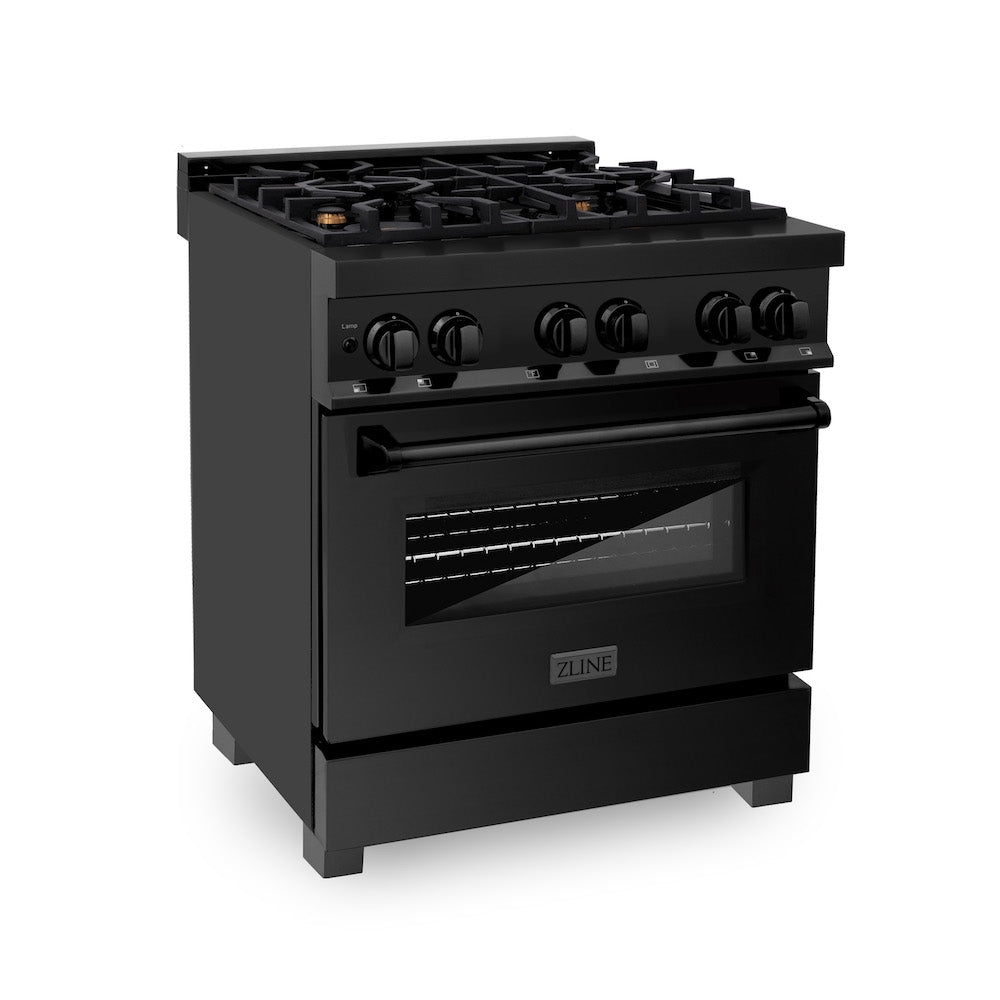 ZLINE 30-inch Black Stainless Steel Dual Fuel Range with Brass Burners (RAB-BR-30) side, oven door closed.