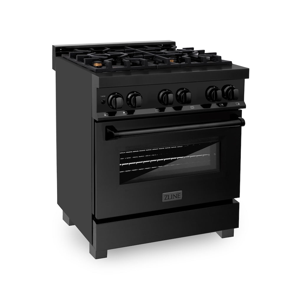 ZLINE 30 in. 4.0 cu. ft. Legacy Dual Fuel Range with Gas Cooktop and Electric Convection Oven in Black Stainless Steel with 4 Brass Burners, Open Box-Good Condition