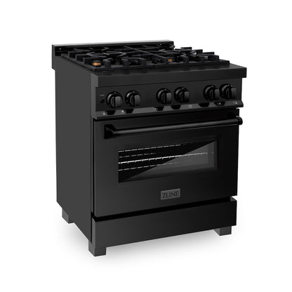 ZLINE 30 in. 4.0 cu. ft. Legacy Dual Fuel Range with Gas Cooktop and Electric Convection Oven in Black Stainless Steel with 4 Brass Burners, Open Box-Good Condition