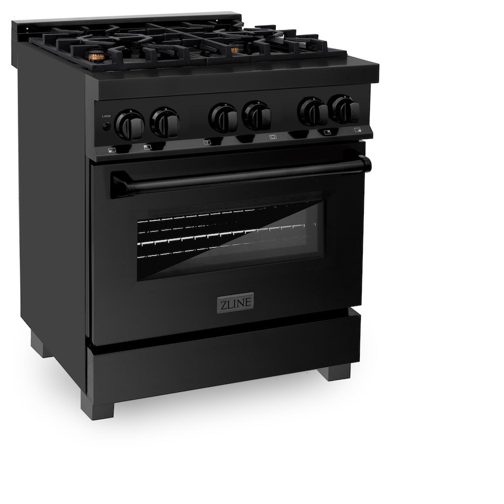 ZLINE 30 in. 4.0 cu. ft. Dual Fuel Range with Gas Stove and Electric Oven in Black Stainless Steel with Brass Burners (RAB-BR-30) side, oven closed.