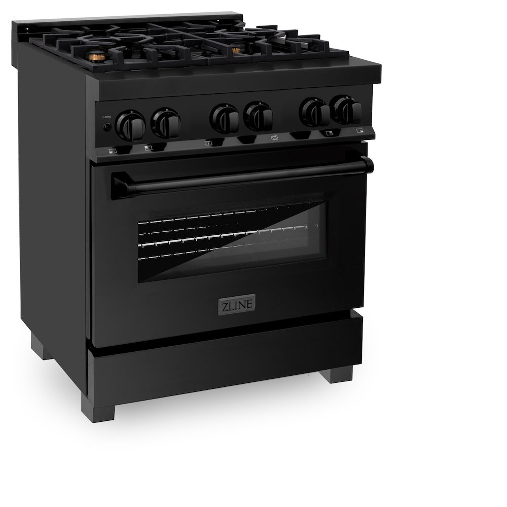 ZLINE 30 in. 4.0 cu. ft. Legacy Dual Fuel Range with Gas Cooktop and Electric Convection Oven in Black Stainless Steel with 4 Brass Burners, Open Box-Good Condition