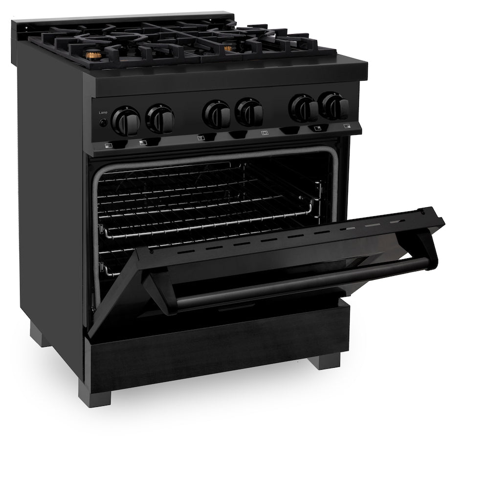 ZLINE 30 in. 4.0 cu. ft. Dual Fuel Range with Gas Stove and Electric Oven in Black Stainless Steel with Brass Burners (RAB-BR-30) side, oven half open.