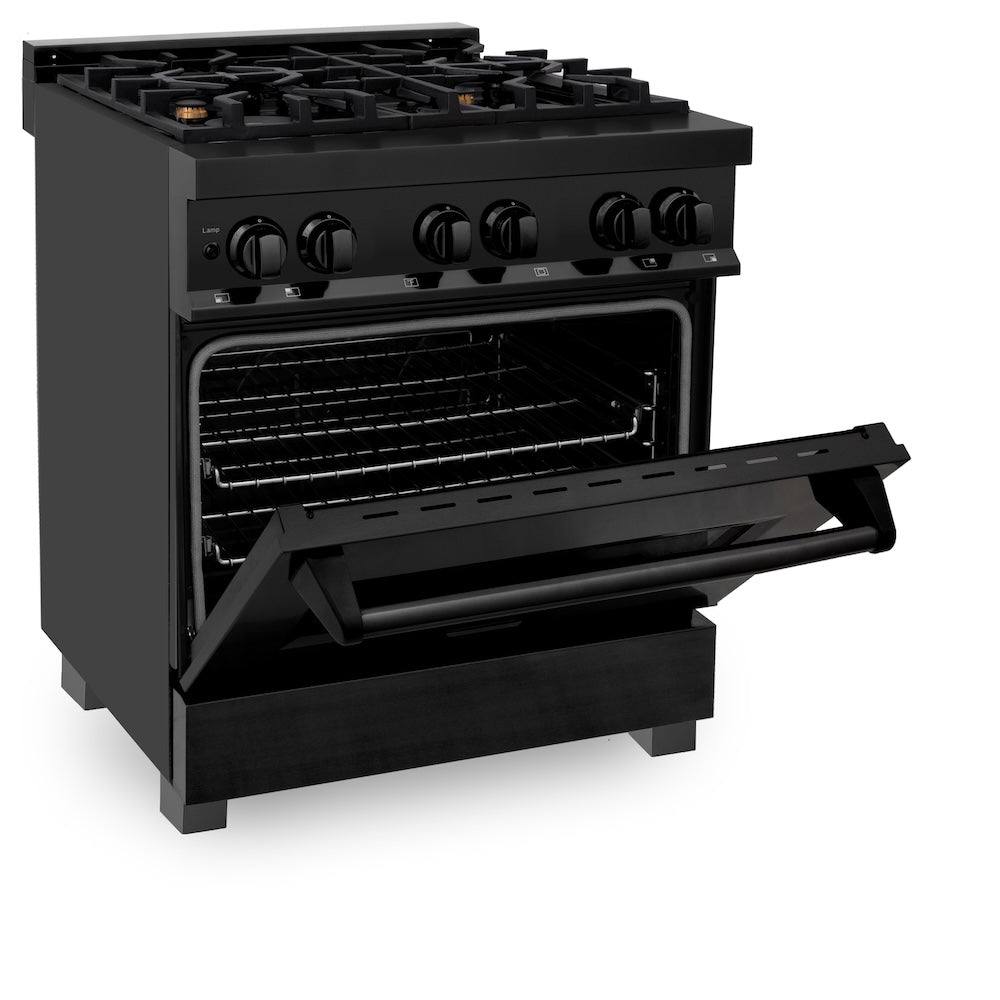 ZLINE 30 in. 4.0 cu. ft. Legacy Dual Fuel Range with Gas Cooktop and Electric Convection Oven in Black Stainless Steel with 4 Brass Burners, Open Box-Good Condition