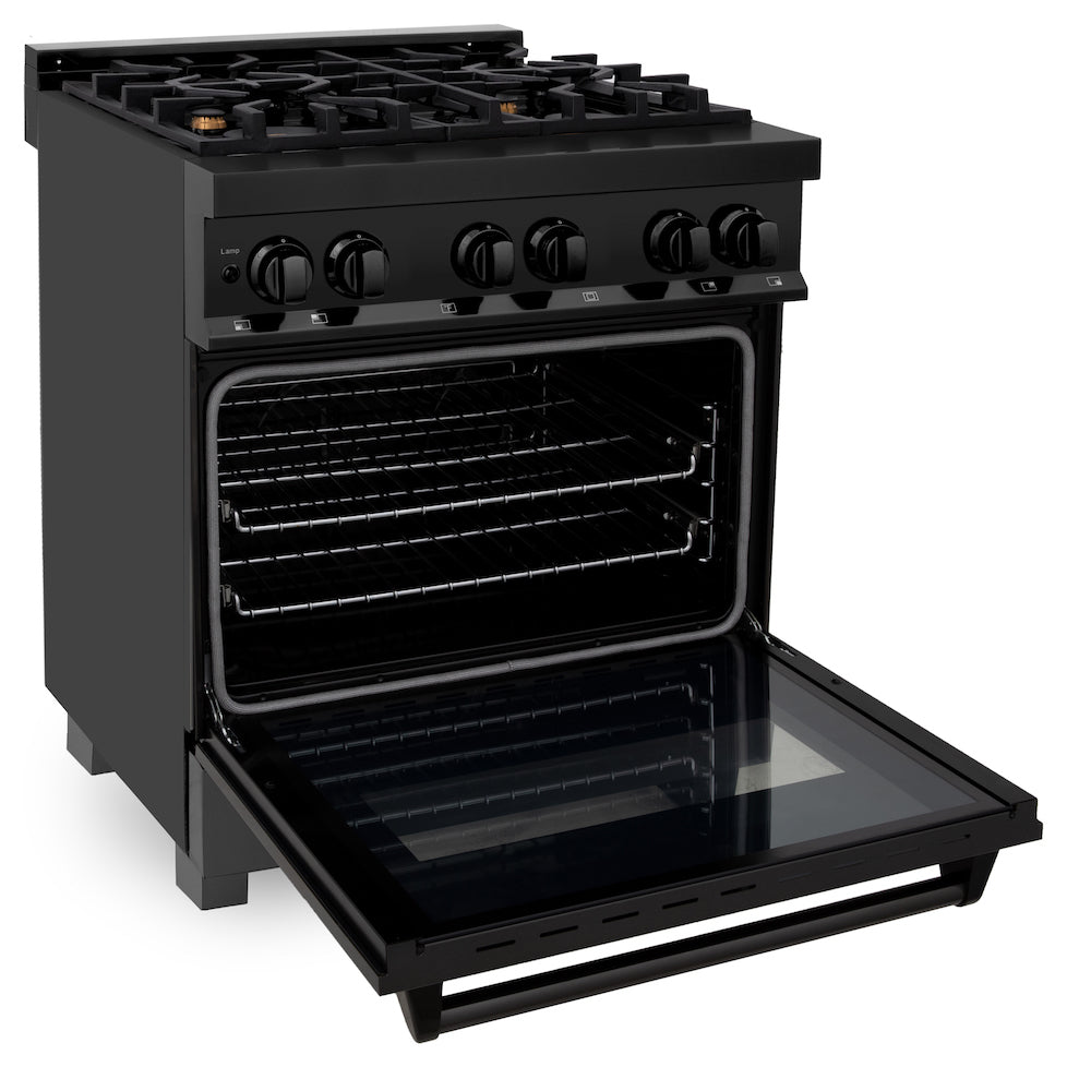 ZLINE 30 in. 4.0 cu. ft. Dual Fuel Range with Gas Stove and Electric Oven in Black Stainless Steel with Brass Burners (RAB-BR-30) side, oven open.