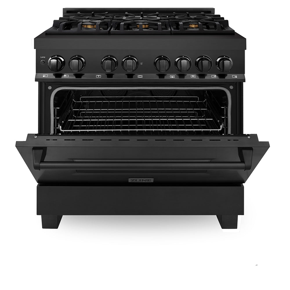 ZLINE 36 in. 4.6 cu. ft. Legacy Dual Fuel Range with Gas Cooktop and Electric Convection Oven in Black Stainless Steel with 6 Brass Burners, Open Box-Good Condition