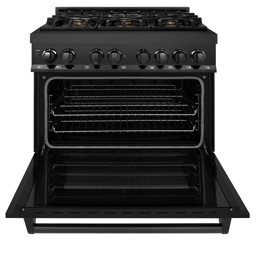 ZLINE 36" Black Stainless Steel Dual Fuel Range with brass burners, front with oven door fully open.
