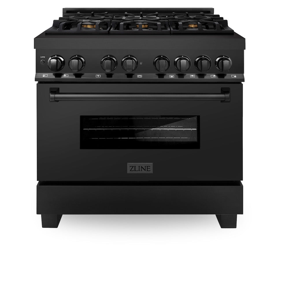 ZLINE 36 in. 4.6 cu. ft. Dual Fuel Range with Gas Stove and Electric Oven in Black Stainless Steel with Brass Burners (RAB-BR-36) front, oven closed.
