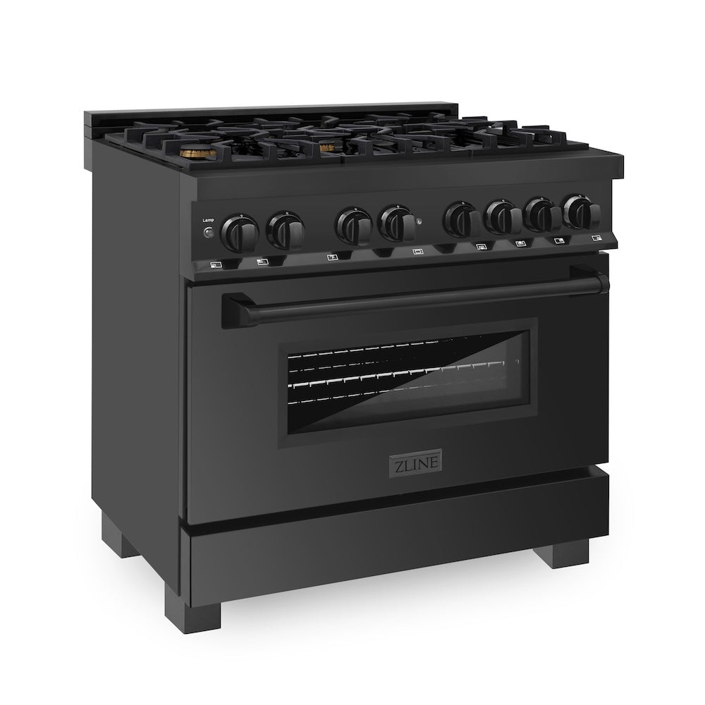 ZLINE 36 in. 4.6 cu. ft. Legacy Dual Fuel Range with Gas Cooktop and Electric Convection Oven in Black Stainless Steel with 6 Brass Burners (RAB-BR-36)