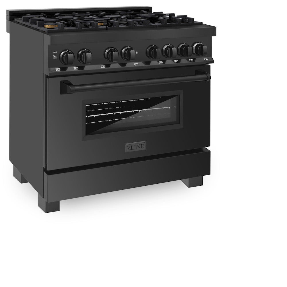 ZLINE Professional 36" Black Stainless Steel Dual Fuel Range with Brass Burners (RAB-BR-36) side, oven door closed.
