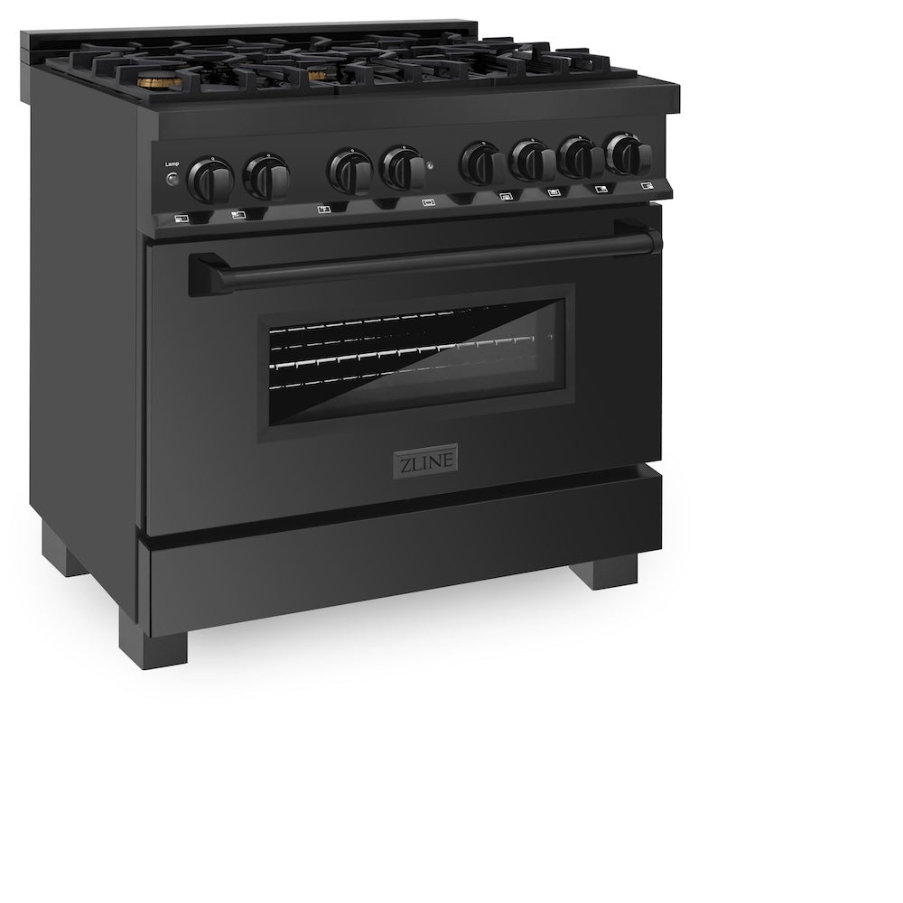 ZLINE 36 in. 4.6 cu. ft. Legacy Dual Fuel Range with Gas Cooktop and Electric Convection Oven in Black Stainless Steel with 6 Brass Burners (RAB-BR-36)